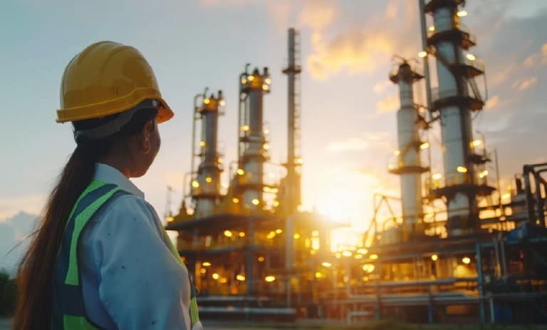 Trabalhador de campo olhando para o patrimônio ao pôr do sol