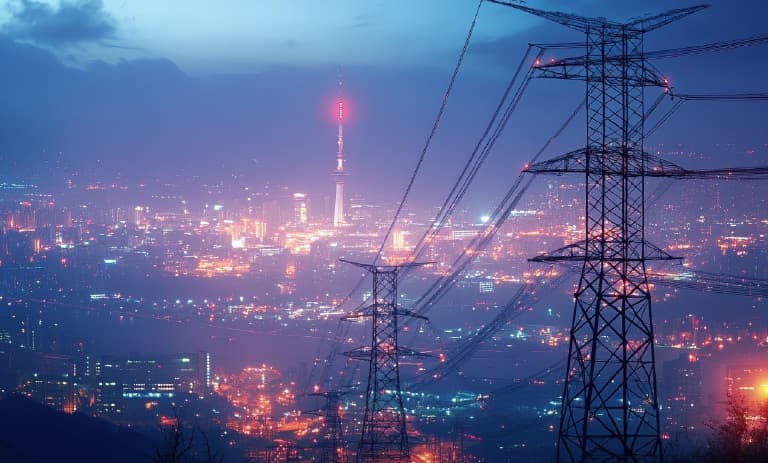 Linhas de energia entrando na paisagem urbana à noite