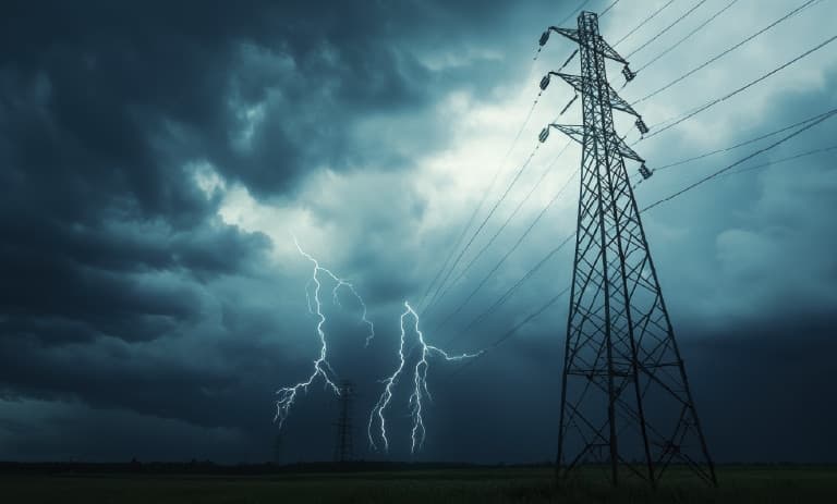Linhas de energia durante uma tempestade com raios