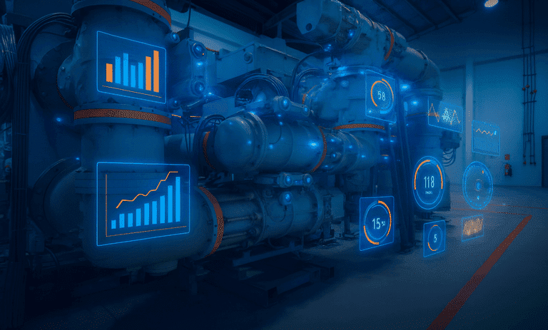 Painel de distribuição isolado a gás com sobreposições digitais que mostram leituras de sensores e gráficos em uma instalação industrial