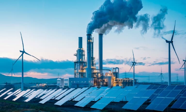 Usina de energia renovável ao pôr do sol