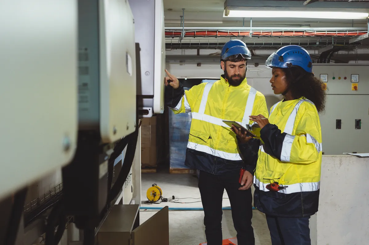 Dois trabalhadores industriais com EPI revisando equipamentos