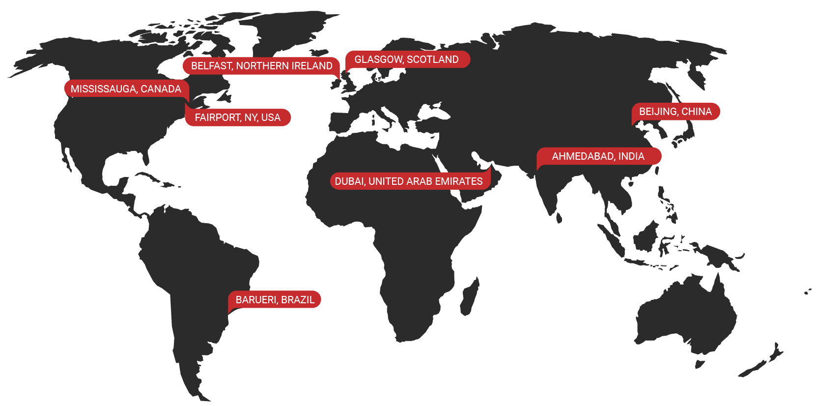 Localizações dos escritórios da Qualitrol no mapa-múndi